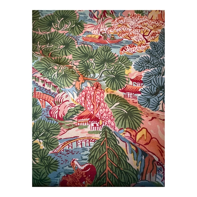 Thibaut F942026 Pagoda Trees Pink and Green Fabric 8 Yards For Sale