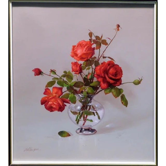 Martin Yeon "Christmas Bouquet" Red Rose Original Oil Painting on Canvas Hand Signed For Sale - Image 4 of 5