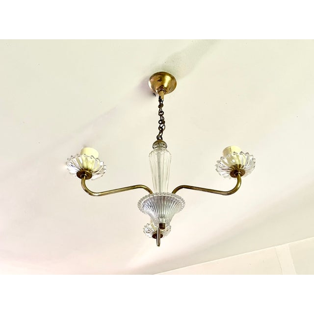 Metal Small Glass and Brass Chandelier, 1950 For Sale - Image 7 of 12