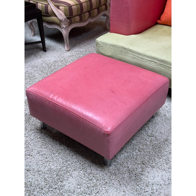 Celery Micro-Suede + Rose Pink Leather Chair + Ottoman For Sale - Image 12 of 12