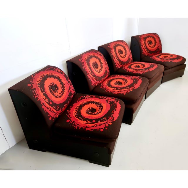 Italian Brown Lounge Chairs with Orange Red Spiral Motifs, 1970s, Set of 4 For Sale - Image 9 of 15
