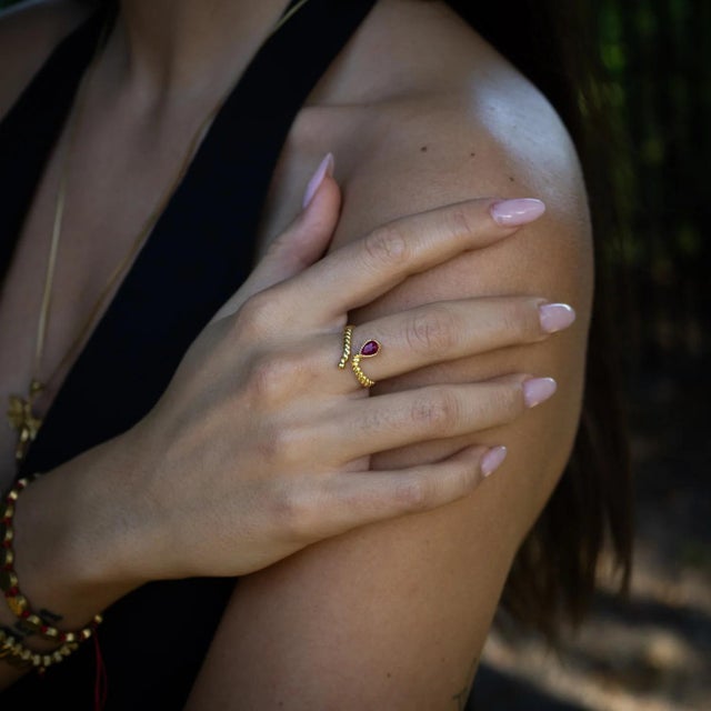 Gold Passion Teardrop Ruby Gold Adjustable Ring, Size 8 For Sale - Image 8 of 10