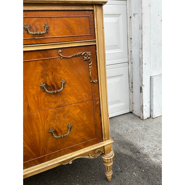 Vintage French Provincial Dresser | Walnut Veneer Chest of Drawers | Louis XV Style Cream & Wood Bedroom Furniture | Mid Century Dresser For Sale - Image 9 of 12