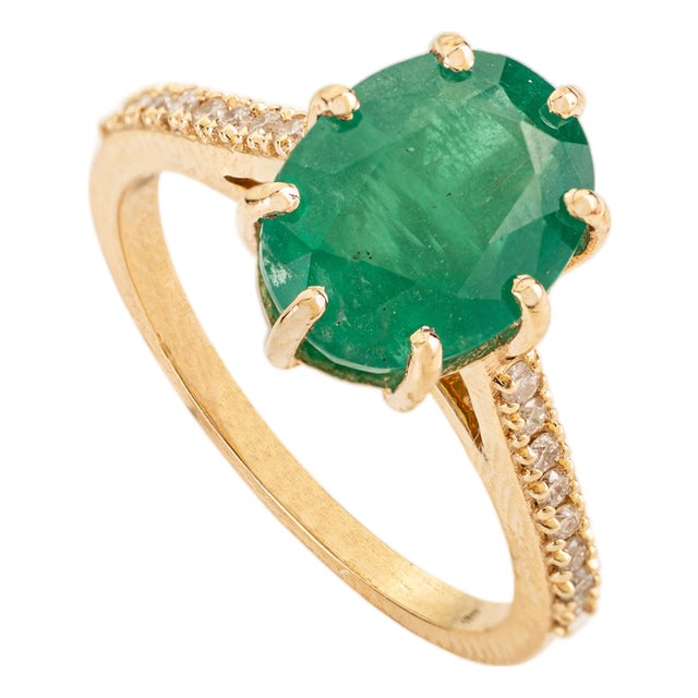 Antique 8 Prong Set 2.68 Ct Emerald Diamond Ring in 14k Gold Size 5.5 For Sale