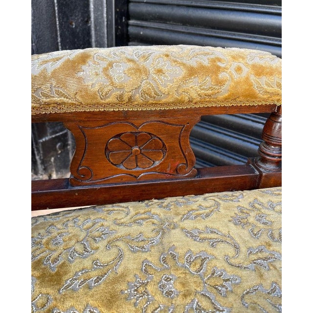 Yellow Victorian Oak Shield-Back Armchair – Antique Upholstered Library / Occasional Chair With Carved Detail & Castors For Sale - Image 8 of 9