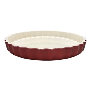 Vintage Emile Henry France Burgundy Red Stoneware Fluted Tart Pan For Sale