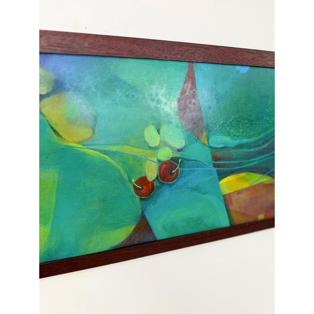 Teal Late 20th Century Framed Original Abstract Acrylic Painting Teal Green Still Life Art, Wood Frame For Sale - Image 8 of 14
