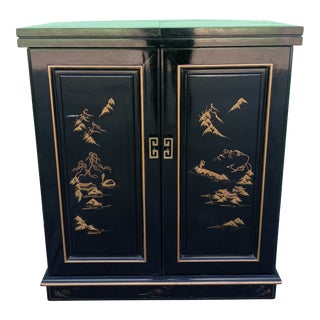 Vintage Black Lacquer Chinoiserie Full Size Compact Expandable Hide Away Dry Bar Cabinet For Sale