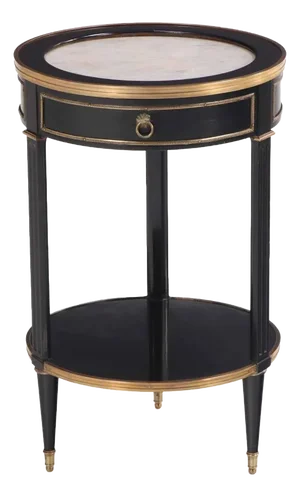 A Directoire Style Ebonized and Bronze Mounted Marble Top Table, C. 1940.