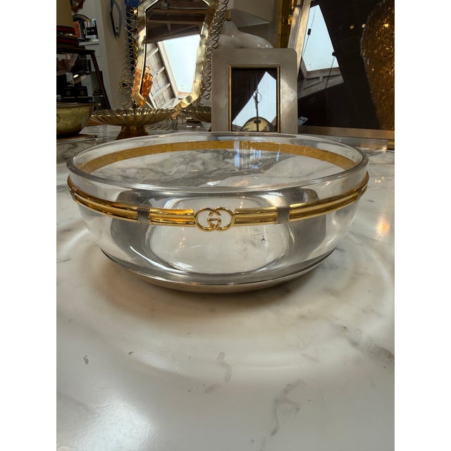 Modern Vintage Gucci Glass Bowl With Gold-Tone Gg Accents For Sale - Image 3 of 7