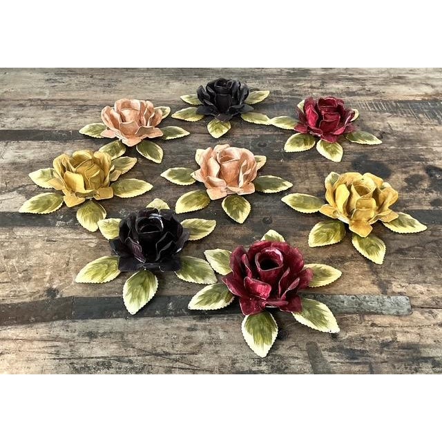 Rose Vintage Hand Painted Tole Roses Candle Holders - Set of 8 For Sale - Image 8 of 12