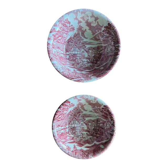 Pair of Vintage Pink Transferware Ceramic Bowls England Tudor Stagecoach Inn the Copperfield For Sale