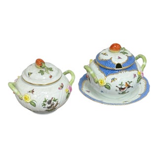 Late 20th Century Herend Rothschild Bird Porcelain Covered Tureen + Lidded Bowl, Set of Two For Sale
