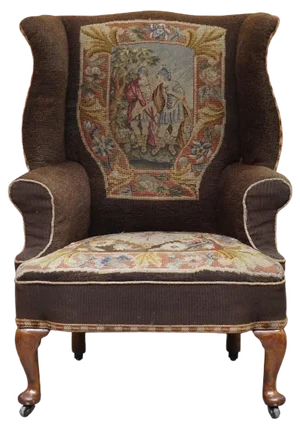 Antique Victorian Wingback Armchair with Embroidered Upholstery, 1840s