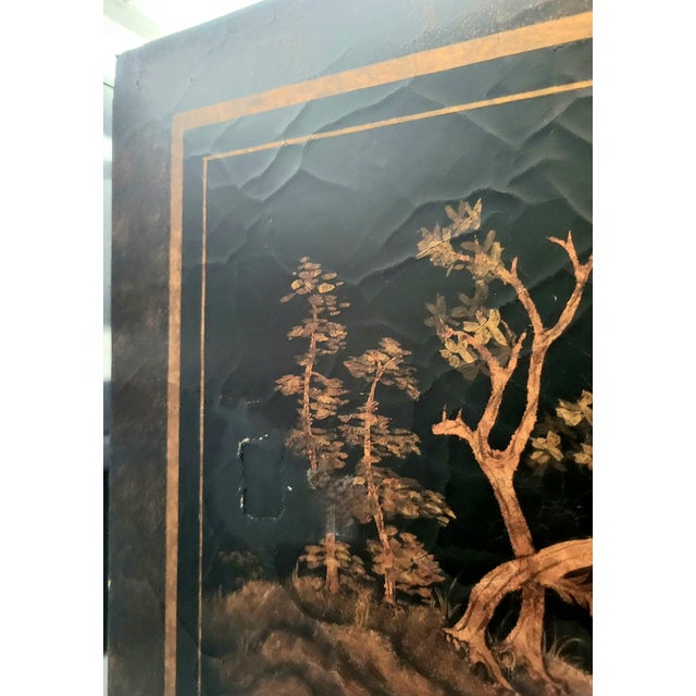 Vintage Chinoiserie Massive Black Bronze Hand Painted Garden Pagoda Scene Fretwork Storage/Tv Cabinet For Sale - Image 9 of 15
