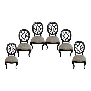 Black Vintage Dining Chairs Set 6, Italian Bernhardt, Reupholstered Black and Cream Stripe Seat For Sale