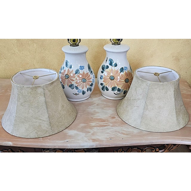 Contemporary Hand‑Painted Floral Ceramic Lamps W/ Faux Leather Shades – Pair For Sale - Image 14 of 18