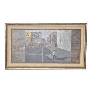 Urban Landscape / Inner City Basketball Court Oil Painting C.1970s For Sale