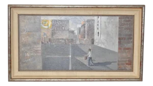 Urban Landscape / Inner City Basketball Court Oil Painting C.1970s
