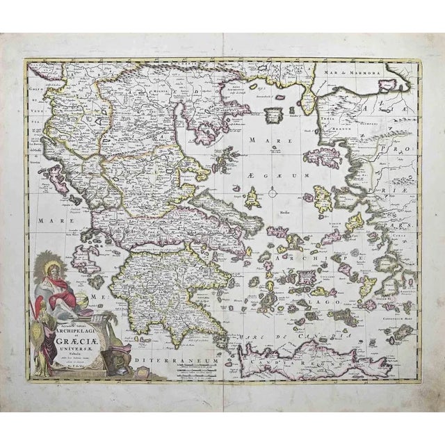 This double-page etching with contemporary coloring, entitled Accurata totius Archipelagi et Graeciae Universae Tabula,...