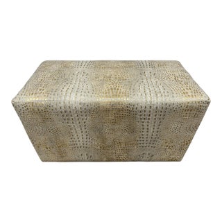 1980s Vintage Gilded Faux Gator Leather Rectangular Footstool Ottoman Pouf For Sale