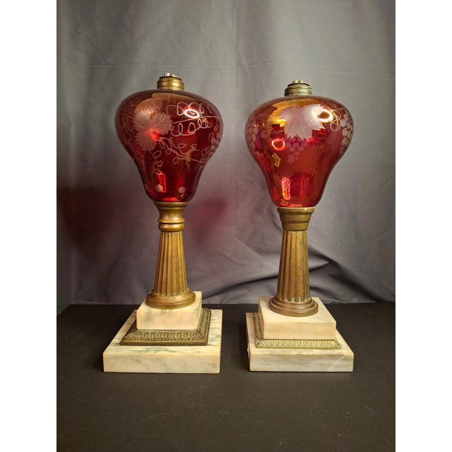Antique Matched Pair Victorian Cranberry Cut Clear Whale Oil Lamps Glass 1850s For Sale - Image 14 of 16