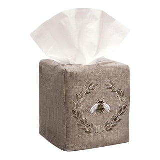 Beige Napoleon Bee Wreath Tissue Box Cover in Natural Linen & Cotton, Embroidered For Sale
