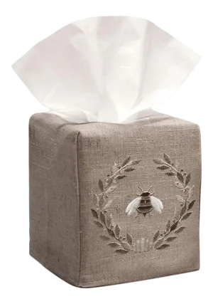 Beige Napoleon Bee Wreath Tissue Box Cover in Natural Linen & Cotton, Embroidered