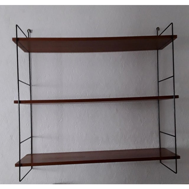 Shelf in Black Lacquered Iron Frame with 3 Adjustable Shelves in Teak Veneered Chipboard, 1960s, in Good conditions....