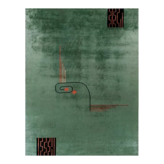 1920s Green Abstract Minimalist Antique Chinese Art Deco Rug 8'10'' X 11'7' Handknotted Wool Carpet For Sale