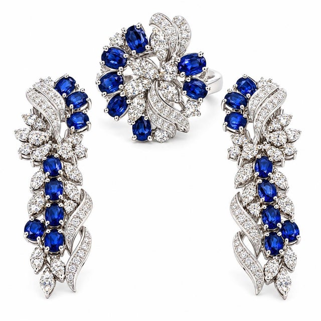 Mid-Century Modern 18k White Gold Blue Sapphire & Diamond Floral Ring & Earrings Set, 3 Pieces For Sale - Image 3 of 4