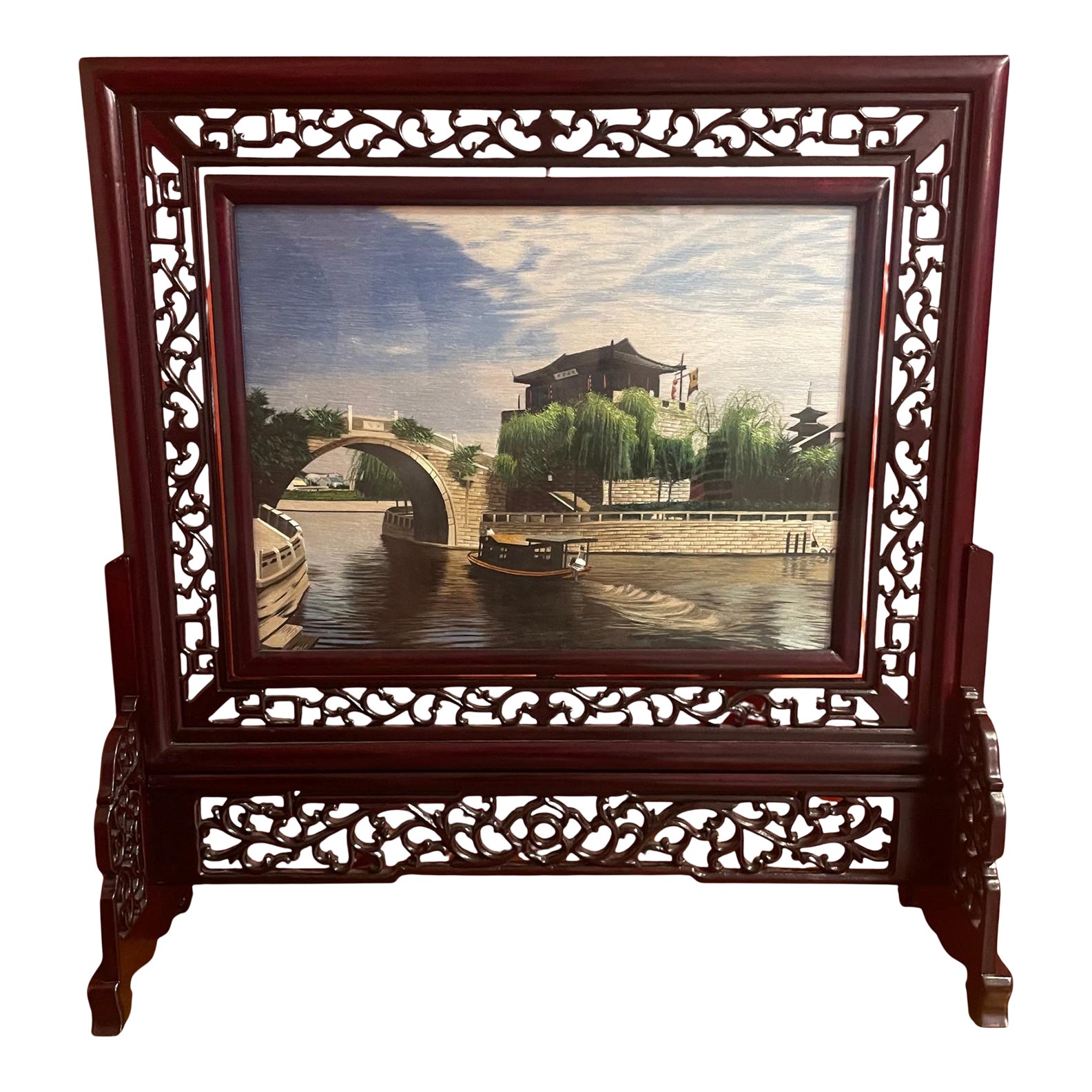 Chinese Double Sided Embroidered Silk Table Screen | Chairish