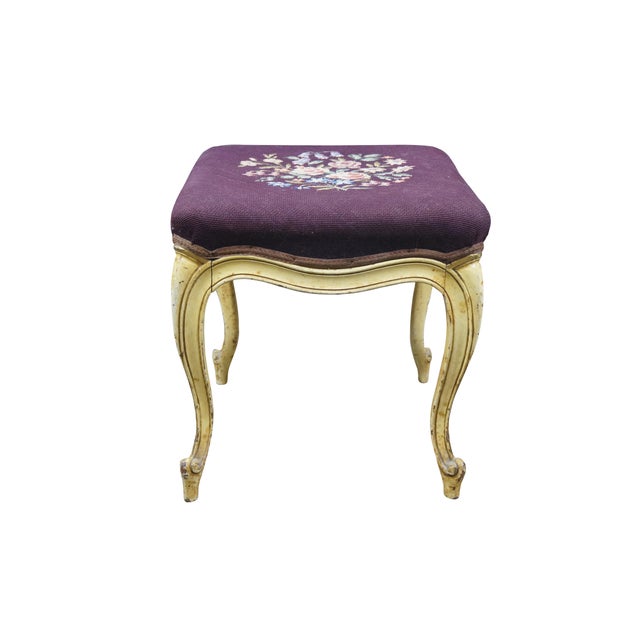 French Provincial Antique French Provincial Embroidered Needlepoint Vanity Bench Foot Stool 18" For Sale - Image 3 of 18