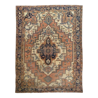 Antique Persian Serapi Carpet, Geometric, Ivory Hand Knotted Wool Oriental Rug For Sale