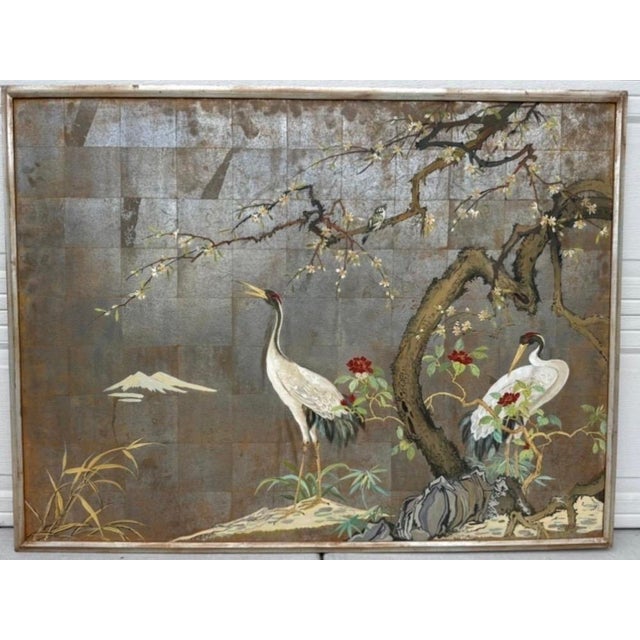 1920s Large Japanese Chinoiserie Crane Painting on Wood Panel W/ Silver, Gold, & Copper Leaf — Art Deco Framed For Sale - Image 9 of 18