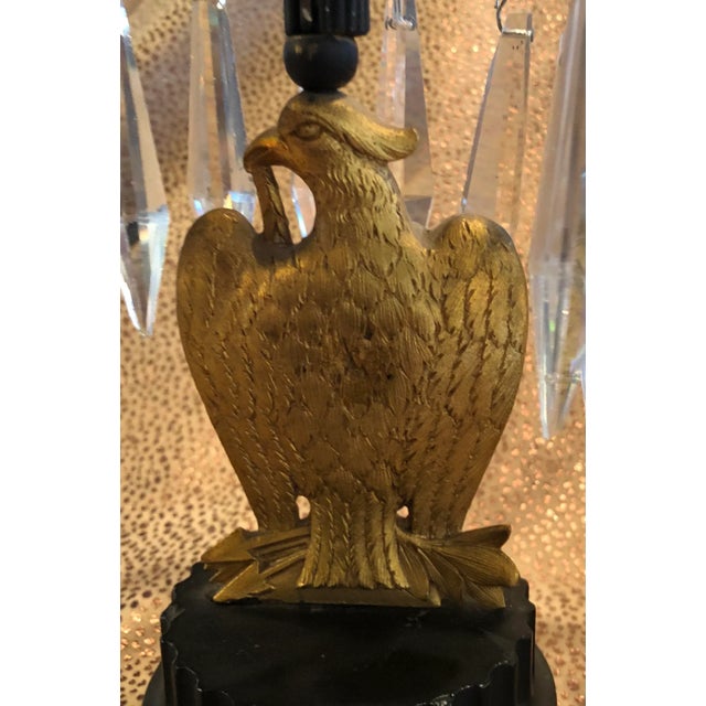Mid 19th Century French Empire Metal Marble and Gilt Ormolu Eagle Crystal Luster Candle Holders - a Pair For Sale - Image 9 of 12