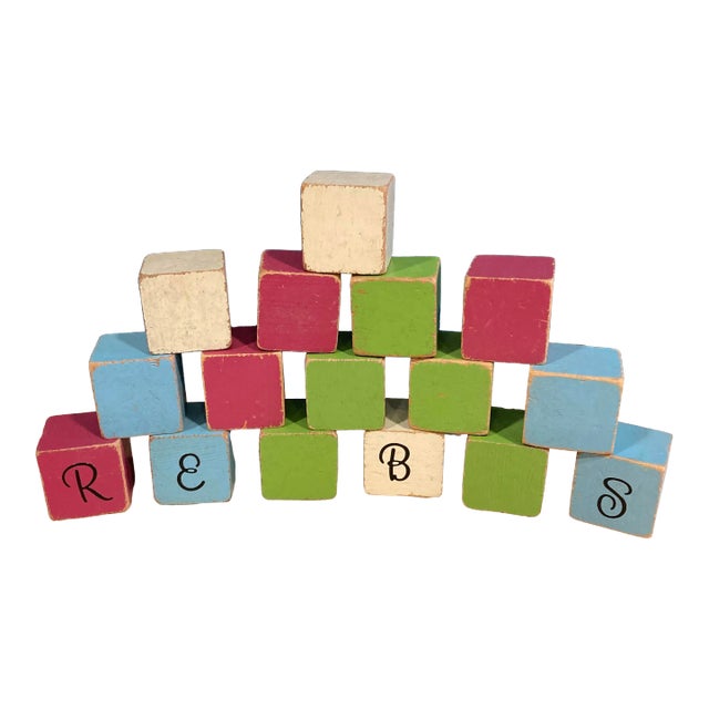 Vintage Painted Wooden Building Blocks- 16 Pieces For Sale