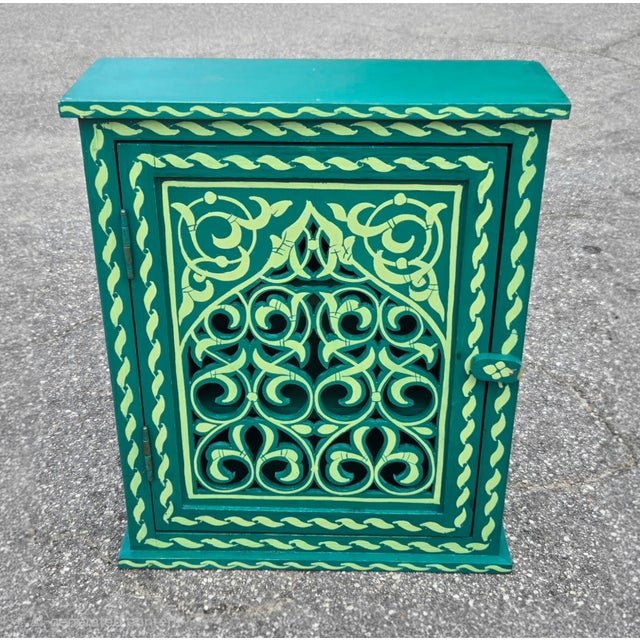 Wood Hand Painted Mediterranean Medicine Cabinet / Wall Shelf / Green Zouak For Sale - Image 7 of 7