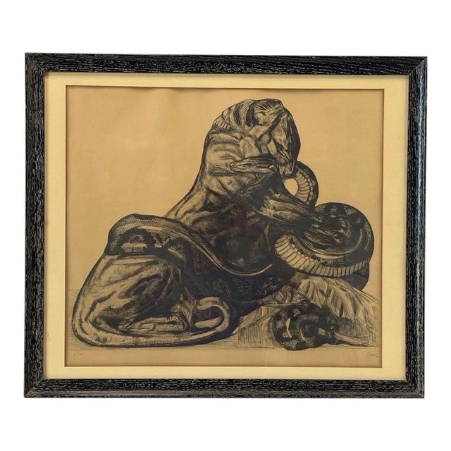 Paul Jouve Signed 1930 French Art Deco Etching Lion Python Snake Combat Print For Sale