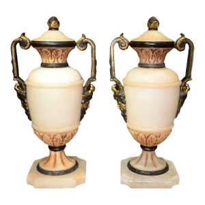 19th Century Neoclassical Pair of Carved Alabaster and Bronze Urns With Mask Face Handles