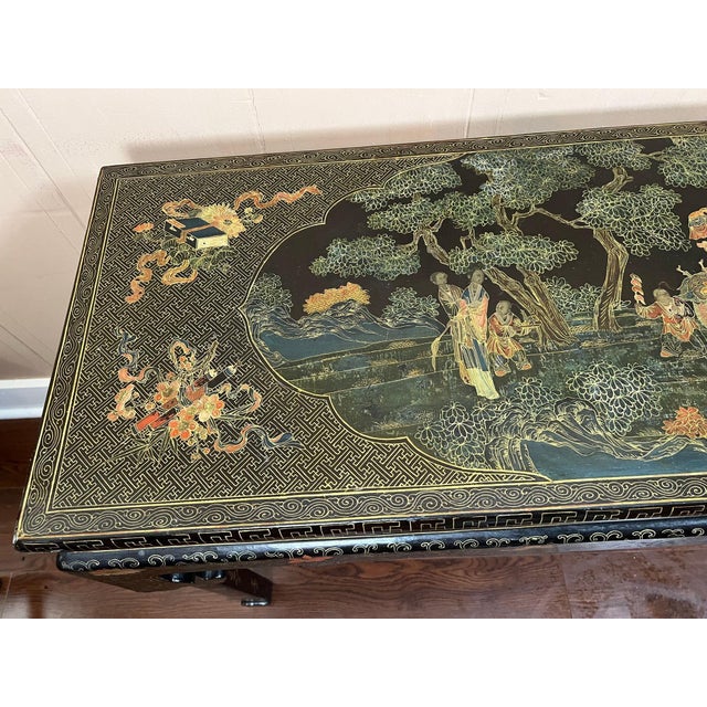 1950s Vintage Chinese Console Table Black Lacquer Chinoiserie Gilt Hand Painted C1950 For Sale - Image 5 of 18