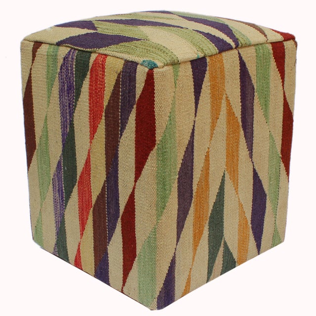Shabby Chic Ivory/Red Handmade Kilim Upholstered Ottoman For Sale In New York - Image 6 of 9
