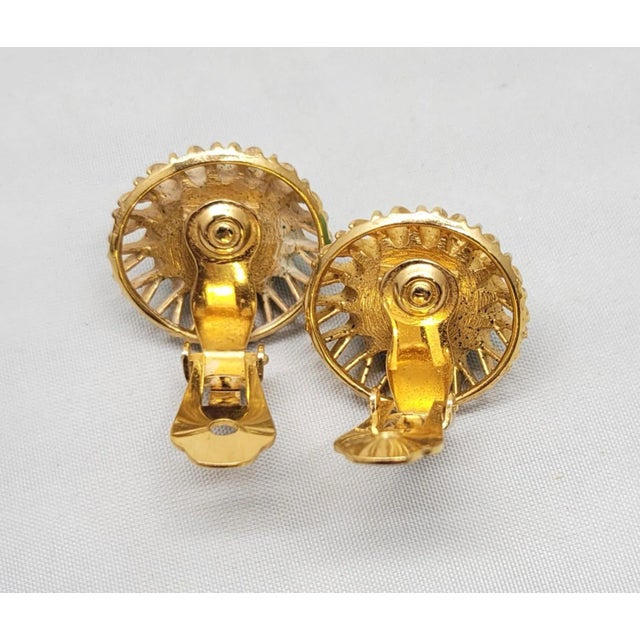 Metal Vintage 1960s Signed Napier Round Goldtone Cabochon Faux-Turquoise Clip Earrings - 2 Pieces For Sale - Image 7 of 8