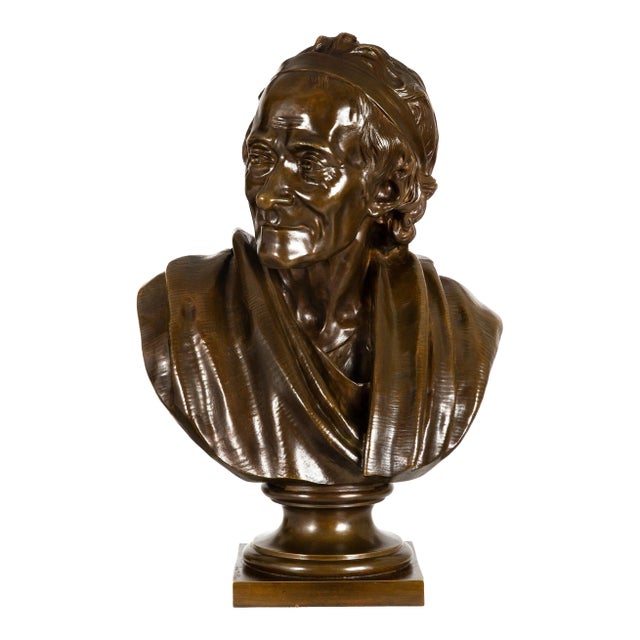 French Antique Bronze Sculpture “Bust of Voltaire” After Jean-Antoine Houdon For Sale
