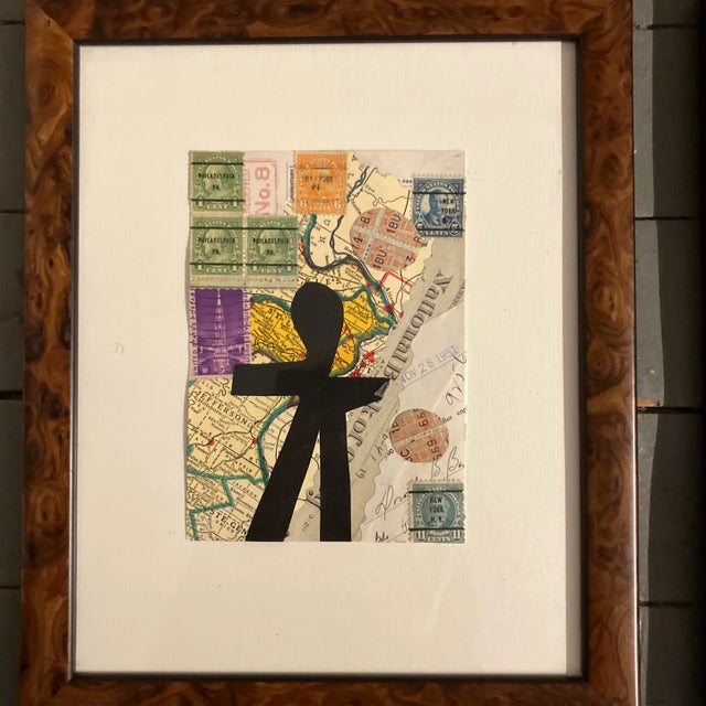 2 original 4 x 6 collages done with vintage papers laid down on mat board Overall size with faux Burled wood frame is 9.25...