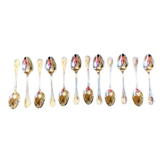 Vintage Silver Plate Stamped Gumps Demitasse Coffee Spoons Set of 12 in 2 Felt Bags For Sale