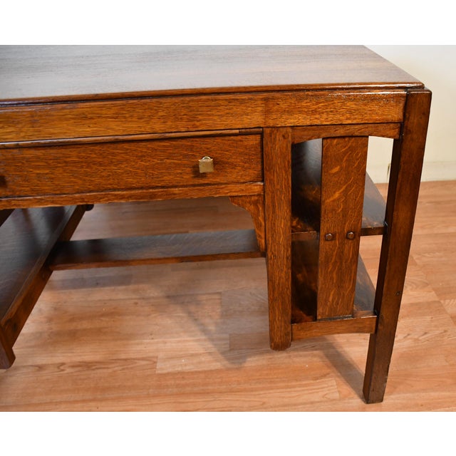 Wood 1900s Antique Mission Arts & Crafts Solid Tiger Oak Office Desk / Writing Desk For Sale - Image 7 of 16