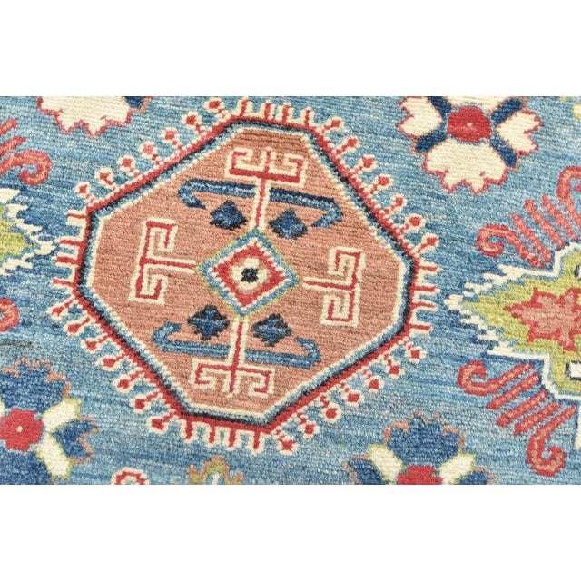 Kazak Rug 8'2'' X 9'9'' Blue Wool Tribal Geometric Hand-Knotted Oriental Carpet For Sale - Image 9 of 12