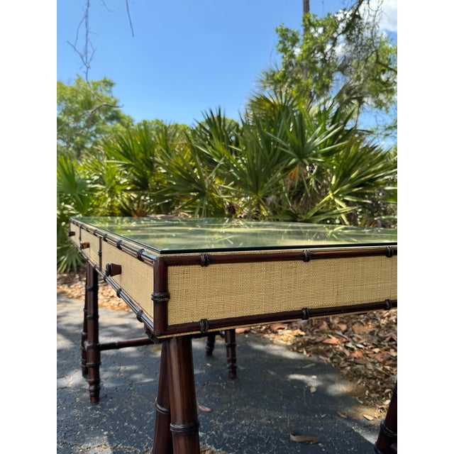 Coastal Williams Sonoma Home Faux Bamboo & Raffia Desk With Glass Top – Coastal Regency Writing Table For Sale - Image 3 of 9