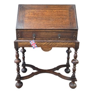 Antique English Oak Gothic Revival X-Base Bureau Desk on Stand For Sale
